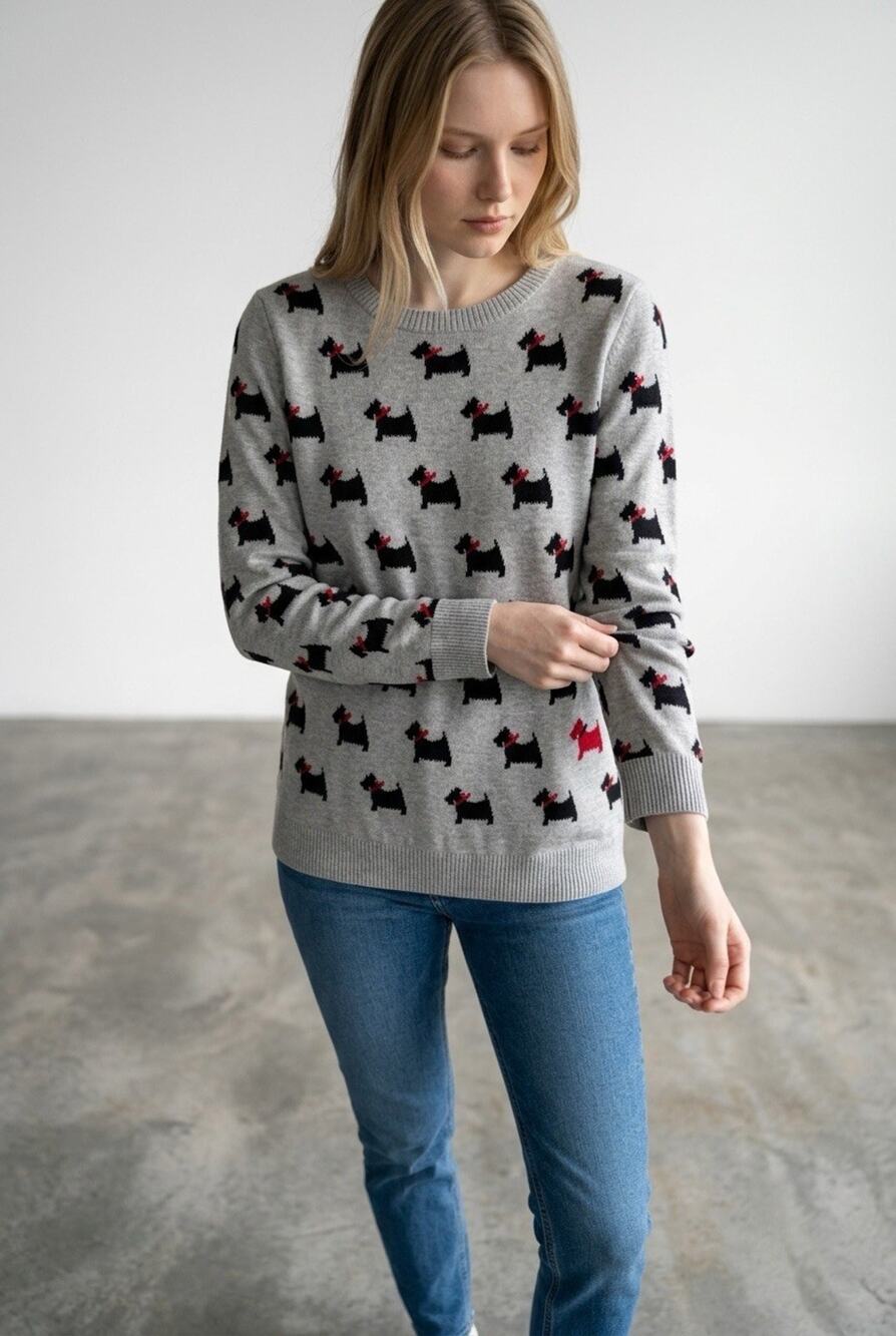 NWT Charter Club Women's Gray Scottie Dog Crewneck Knit Pullover Sweater Size XL